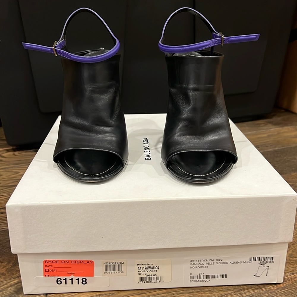 Balenciaga black heeled heels with blue strap